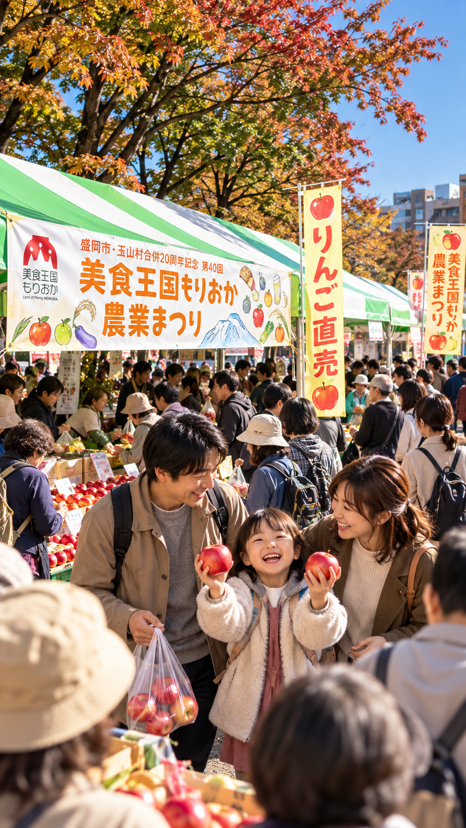 盛岡市のパルクアベニュー・カワトクで開催される第40回美食王国もりおか農業まつりで、盛岡りんごや新鮮な農産物、グルメ、体験イベントを家族連れが楽しむ会場風景