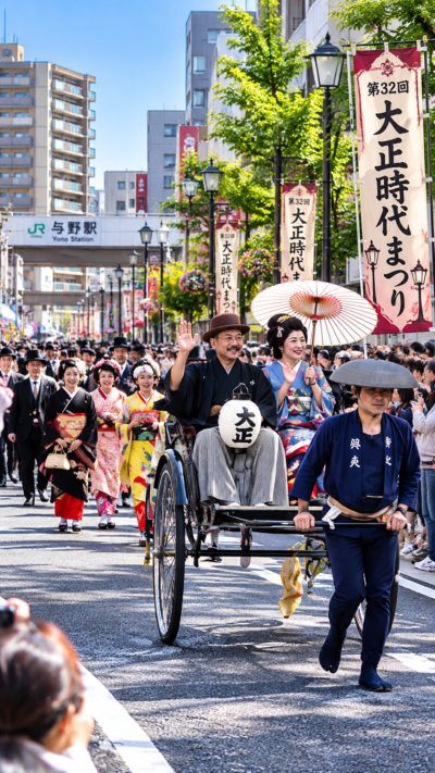 JR与野駅西口駅前通りに大正時代をイメージした衣装の参加者や来場者が集まり賑わう第32回大正時代まつりの風景
