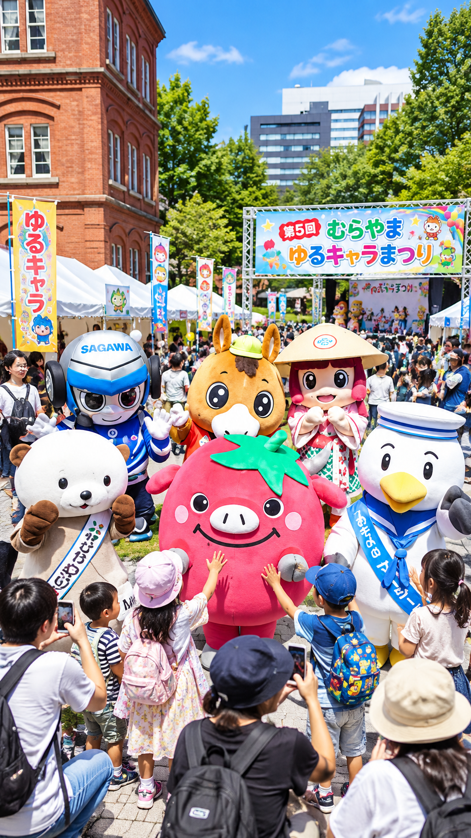 全国や地域のゆるキャラが集まり来場者と交流する第5回むらやまゆるキャラまつりの風景