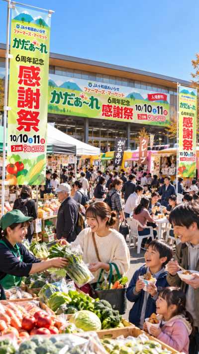 青森県十和田市のJAファーマーズ・マーケット「かだぁ～れ」6周年記念感謝祭で、新鮮な農産物やグルメ、キッチンカーを多くの来場者が楽しむ会場風景