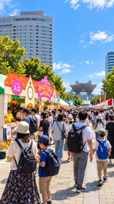お台場イーストプロムナードに全国の鉄道会社のブースが並び、多くの来場者で賑わう鉄道フェスティバル2026の会場風景