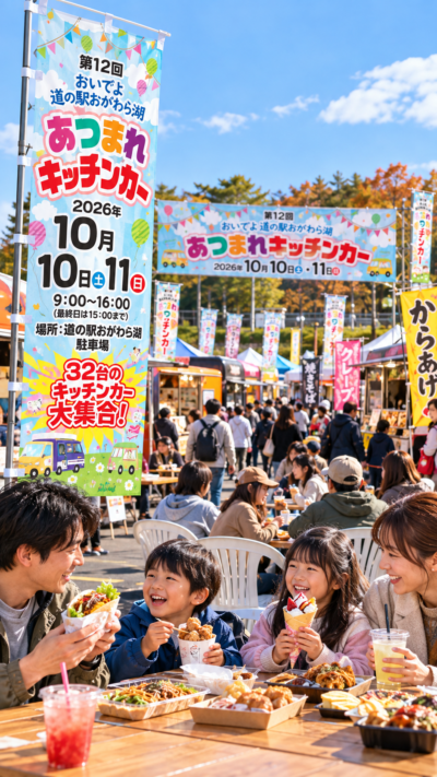 青森県十和田市で開催される第12回あつまれキッチンカーで、多彩なキッチンカーが並び、家族連れや友人同士が出来たてのグルメを楽しむ会場風景