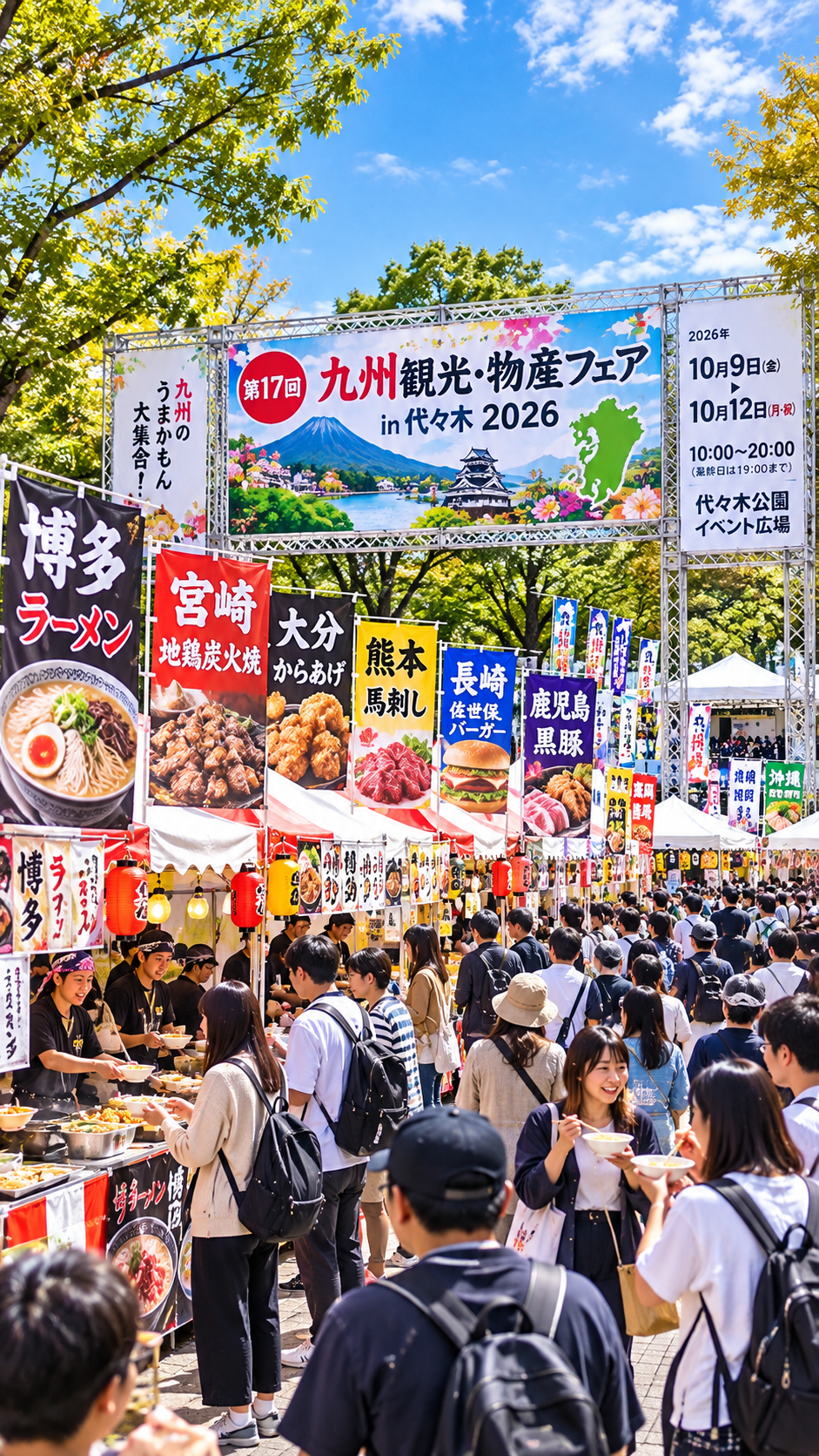 代々木公園に九州各地のグルメや特産品を販売するブースが並び多くの来場者で賑わう第17回九州観光・物産フェアin代々木2026の風景