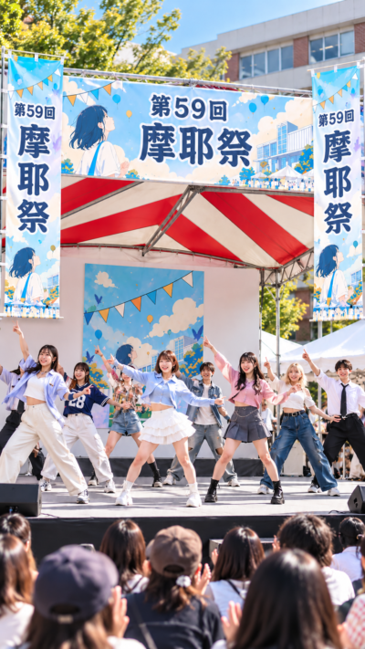 東京都西東京市の武蔵野大学武蔵野キャンパスで開催される摩耶祭2026で、模擬店やステージ、学生団体の企画が並び多くの学生や来場者でにぎわう大学祭の風景