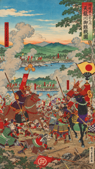 三方ヶ原の戦いで武田信玄軍と徳川家康軍の騎馬武者や兵士が激しく戦う様子を描いた日本の歴史的な合戦図