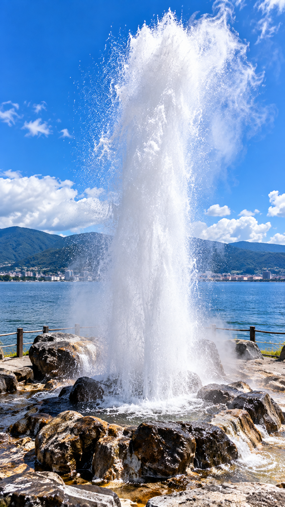 諏訪湖畔から勢いよく水柱が噴き上がる間欠泉のダイナミックな風景